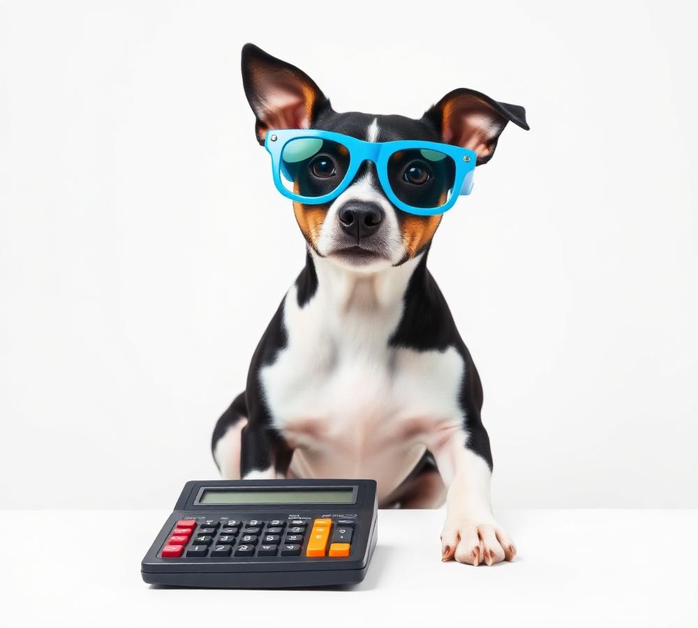 Dog wearing blue glasses sitting behind a calculator