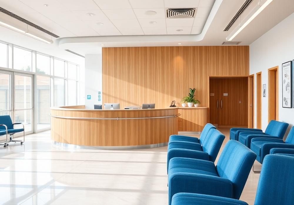 Modern veterinary clinic waiting room and reception desk