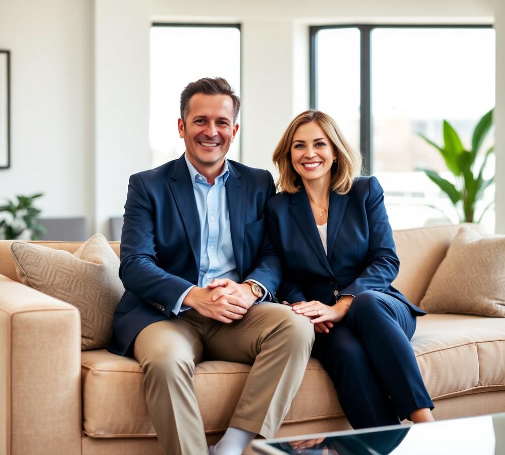Two consulting partners seated on a sofa
