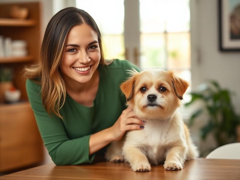 Woman in a green top petting a small dog