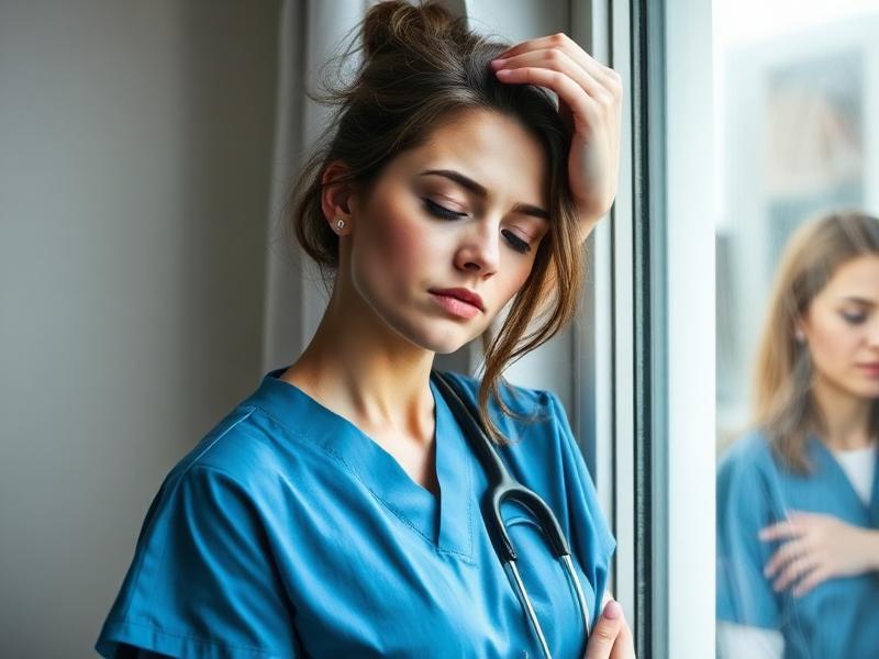 Tired veterinary nurse leaning against a window