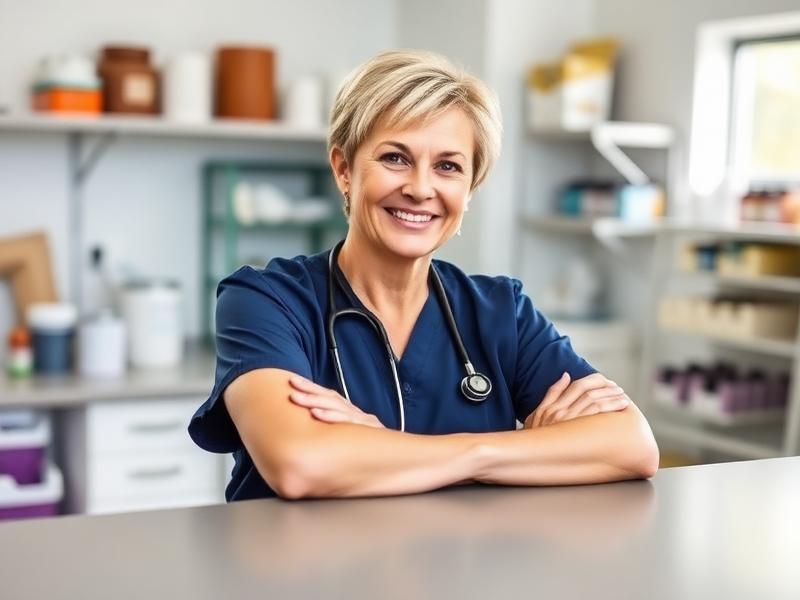 Experienced veterinarian smiling at a clinic counter