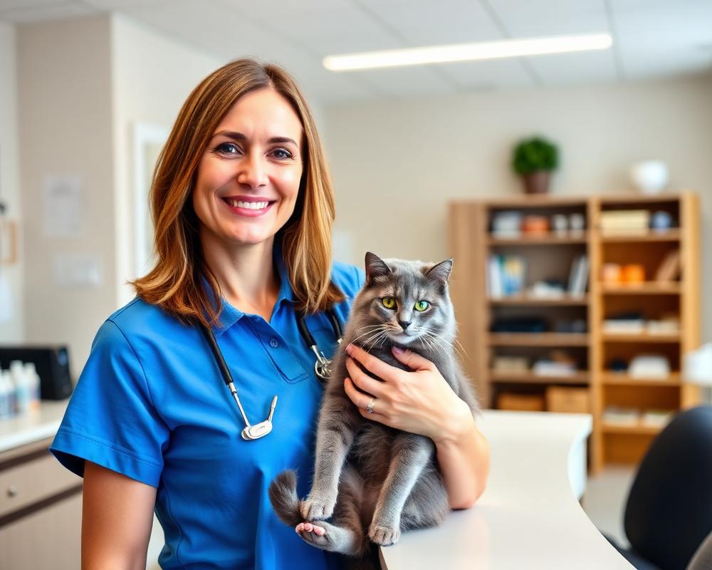 Veterinarian holding a cat at a clinic reception desk
